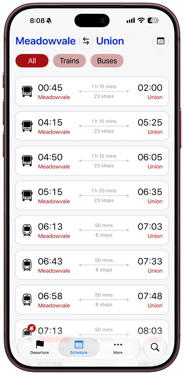Schedule between two stations