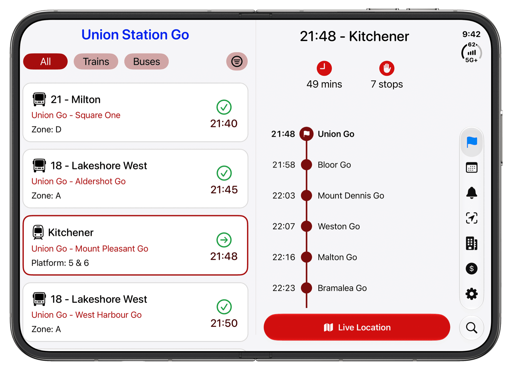 GOly two-pane layout with departures and trip detail