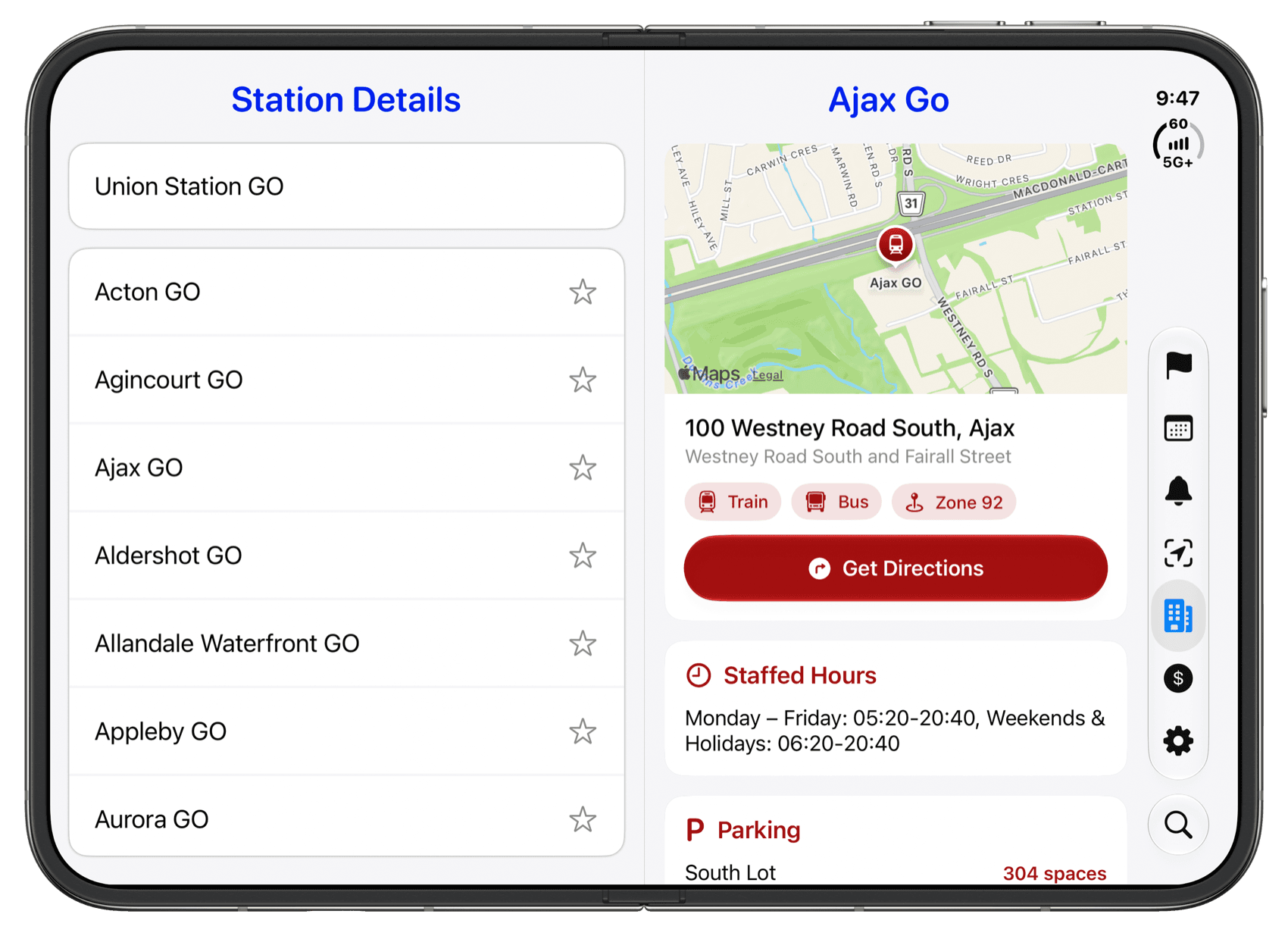 GOly two-pane layout with station list and station map
