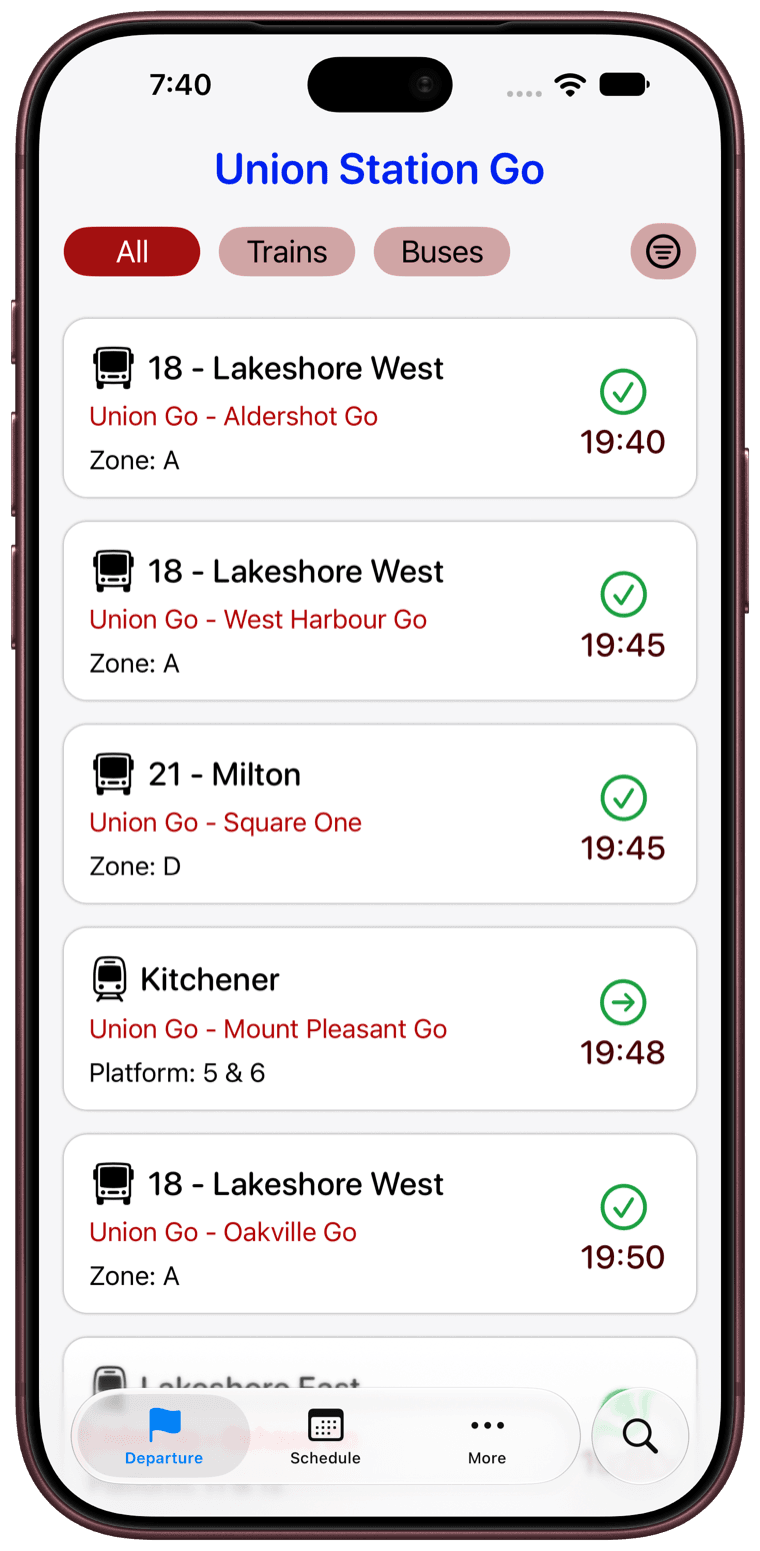 Live departures and platforms at Union Station