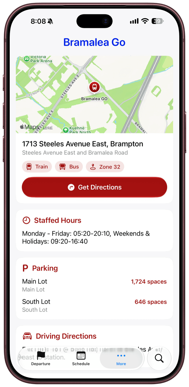 Station details with parking and hours